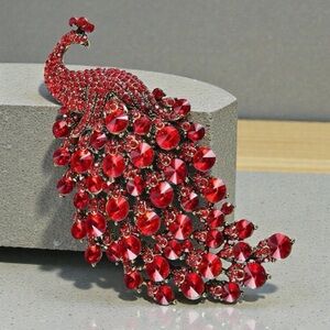 Red Crystal Peacock Brooch Pin – Statement Jewelry